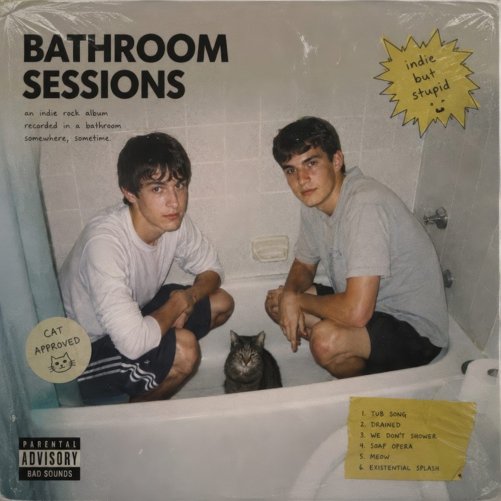 Bathroom Sessions cover: Lou and Gus sitting in the bathtub, Judith between them.