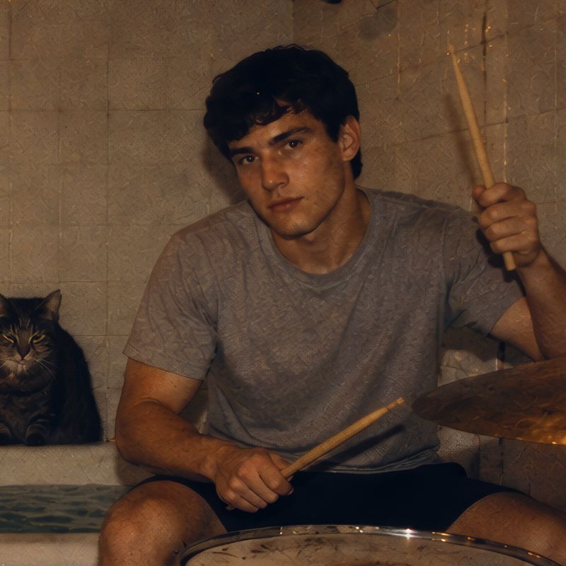 Gus at the snare, sticks up.