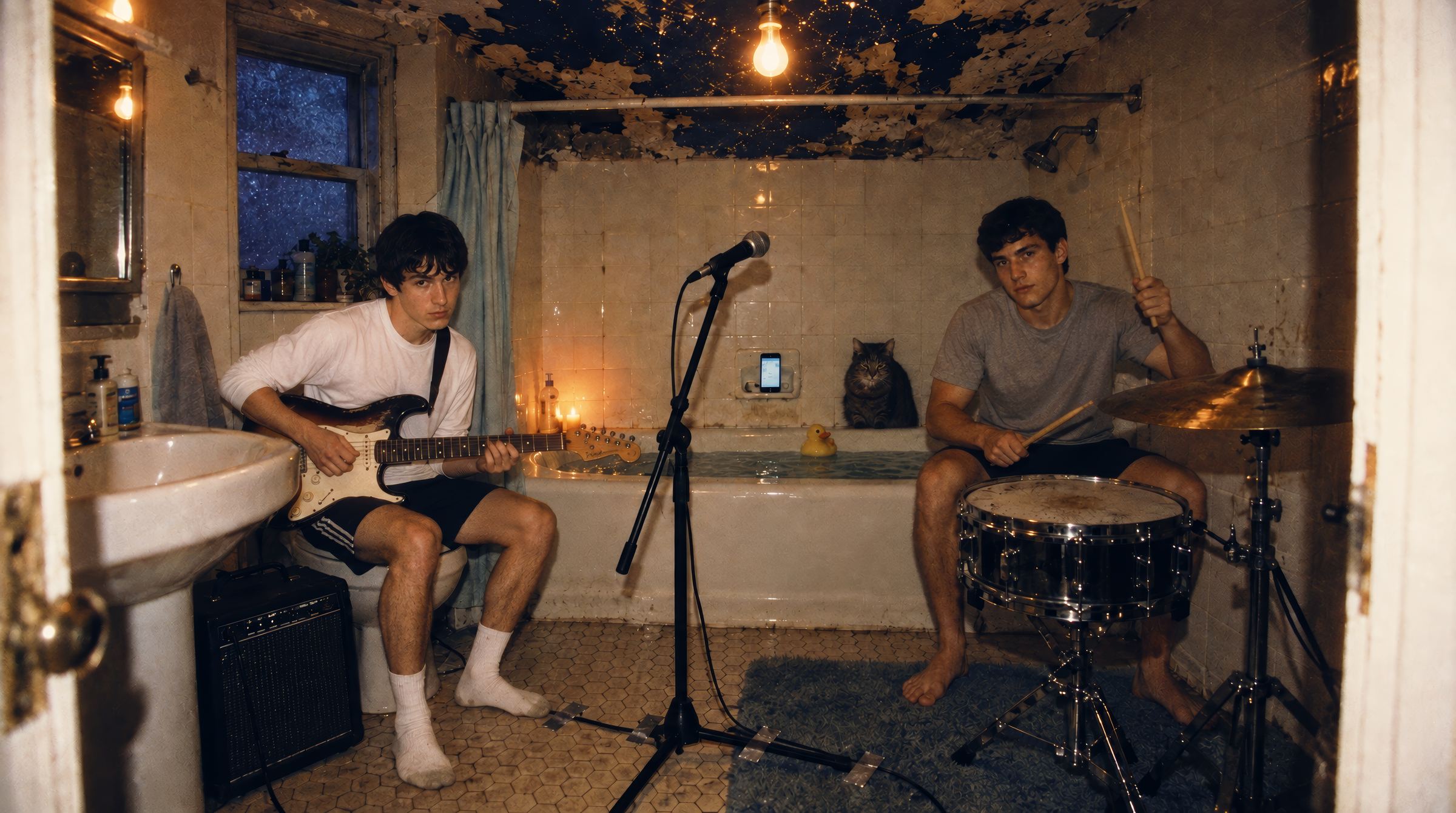 Lou on guitar, sitting on the toilet, and Gus at a snare drum in a small tiled bathroom lit by one bulb. Judith the cat sits on the edge of the full bathtub next to a rubber duck and a phone in the soap dish.