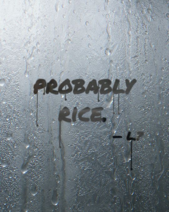 Written on a fogged mirror: probably rice. L.?