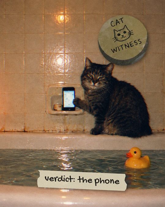 Judith next to the phone in the soap dish. Verdict: the phone. Cat witness.