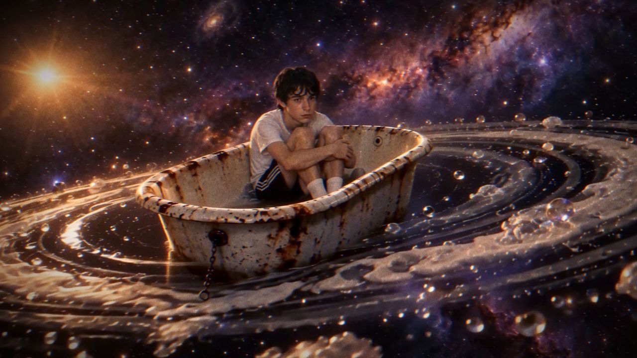 Lou curled up in a rusty bathtub drifting through the rings of Saturn.